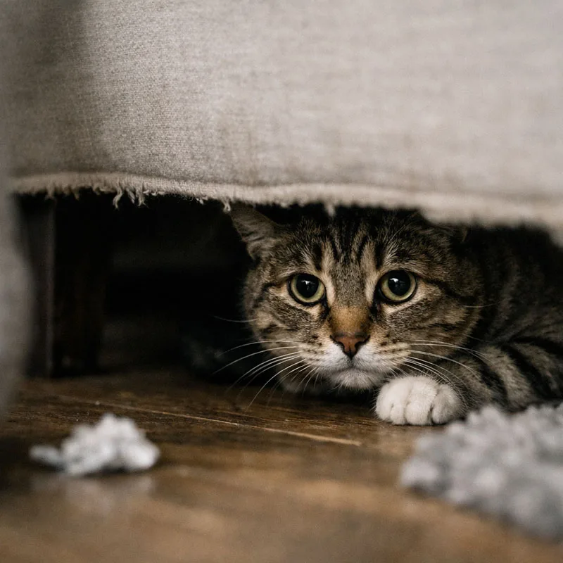 gato escondiéndose por miedo.