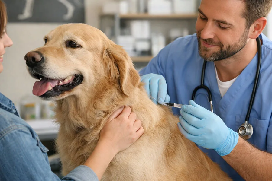 Veterinario aplicando vacuna a perro