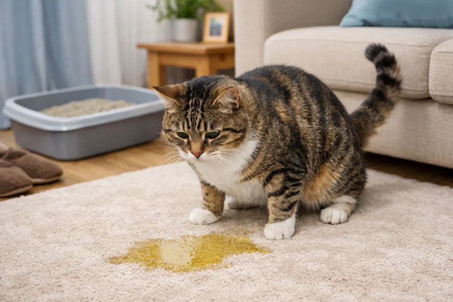 gato doméstico orinando fuera del arenero